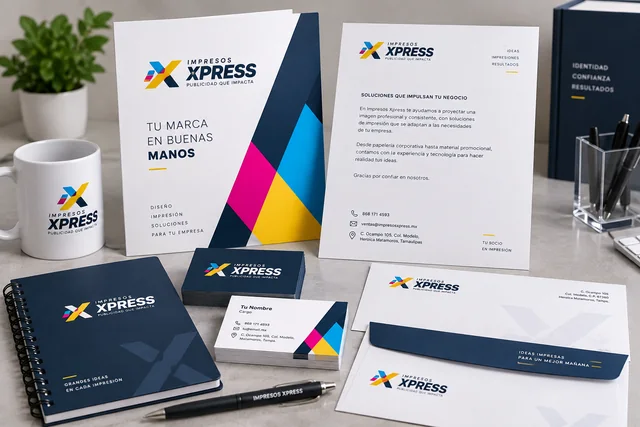 Ejemplo visual de papelería corporativa Impresos Xpress