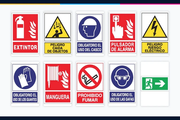 Ejemplos de señalización industrial de seguridad, prevención, obligación y rutas de evacuación